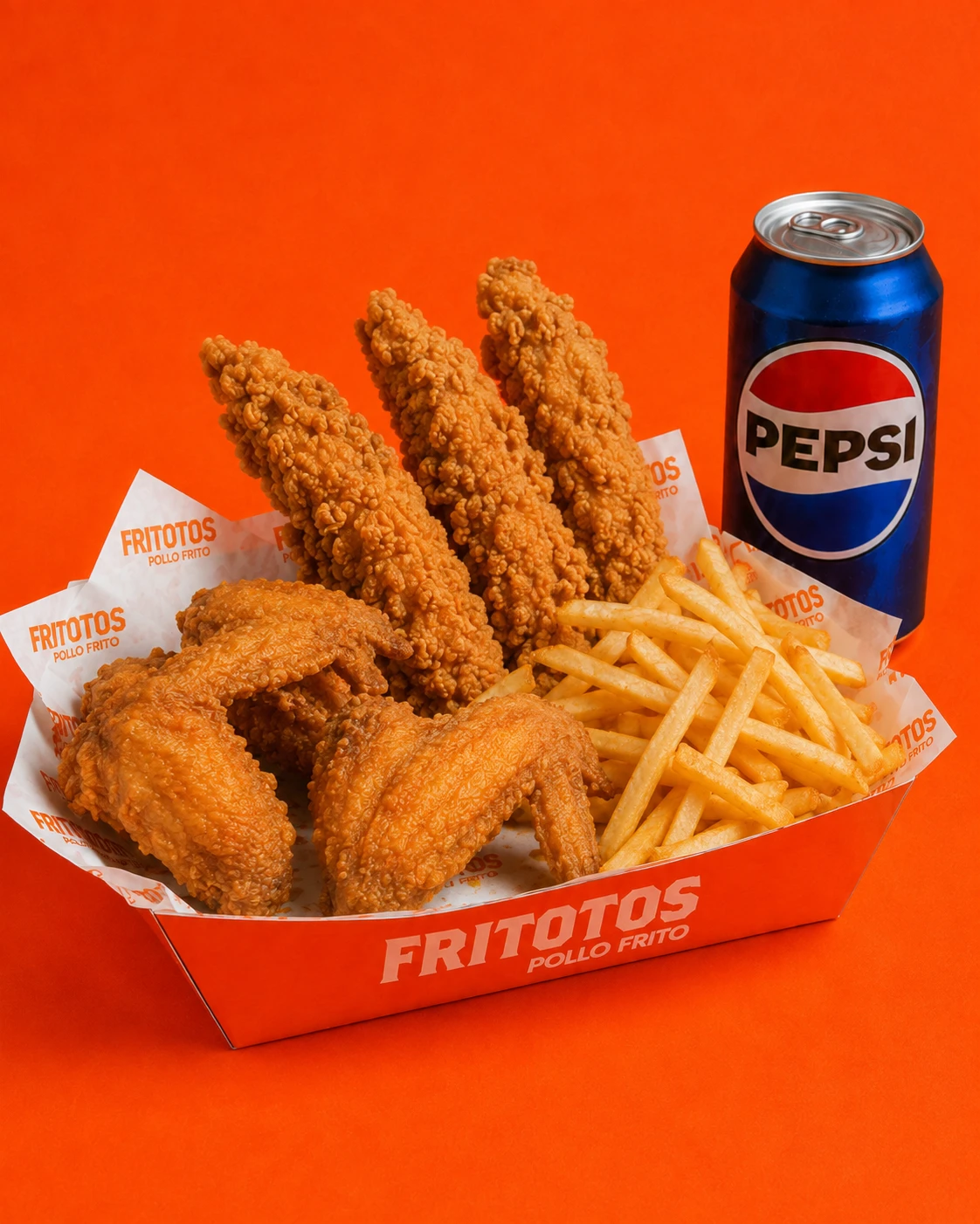Box Fritotos con pollo frito crocante, papas y bebida